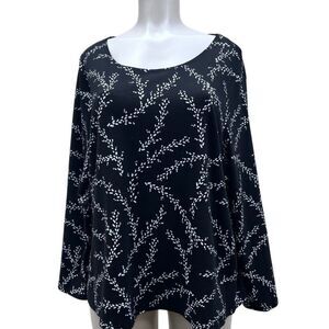 NWOT Style & Co. Blouse Women's 3X Black White Leaf Print Scoop Neck long Sleeve